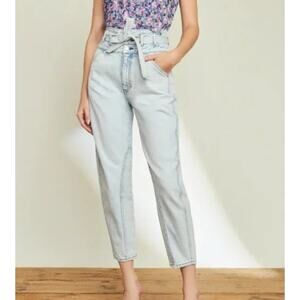 Veronica Beard Belted High Waisted Pearl Barrel Leg Jeans in Sky Size 30 NWT